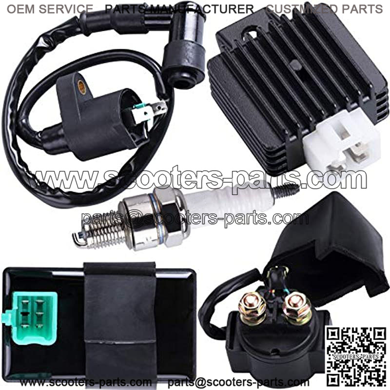 IGNITION COIL 5-PIN CDI BOX SOLENOID 4-PIN RELAY VOLTAGE REGULATOR SPARK PLUG KIT FOR 50CC 70CC 90CC 110CC 125CC ATV CHINESE GO KART DIRT BIKE PIT BIKE TAOTAO MOPED SCOOTER