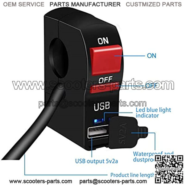 Motorcycle Handlebar Switch, 12V Motorcycle Handlebar Push Switch with USB, Light Control Switch 7/8" 22mm for Motorcycle Scooter ATVs Bicycles - Image 2