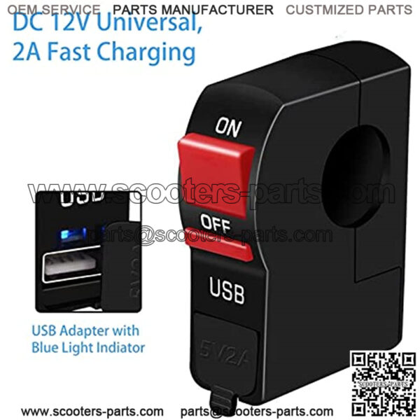 Motorcycle Handlebar Switch, 12V Motorcycle Handlebar Push Switch with USB, Light Control Switch 7/8" 22mm for Motorcycle Scooter ATVs Bicycles - Image 3