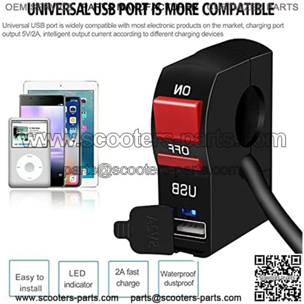 Motorcycle Handlebar Switch, 12V Motorcycle Handlebar Push Switch with USB, Light Control Switch 7/8" 22mm for Motorcycle Scooter ATVs Bicycles - Image 5